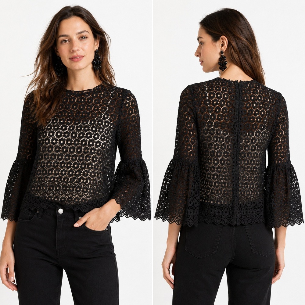 J.Crew Eyelet Lace Bell Sleeve Top Women Size 4 Black Dark Romantic Fairy Floral